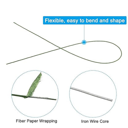 PATIKIL 22 Gauge 16" Floral Stem Wire, 100 Pcs Paper Wrapped Iron Artificial Flower Stem Accessories for DIY Bouquet Stem and Craft Decoration, Dark Green