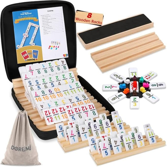 Mexican Train Dominoes Set Numbers and 8 Wooden Holders, Double 12 Travel Domino Train Game with 91 Colored Tiles and Protable Case, Number Domino Set for Kids, Adults Family Board Team Games
