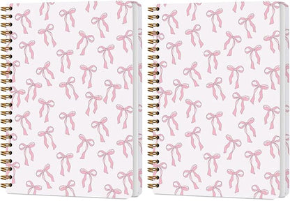 2 PCs Pink Bow Journaling Notebooks Trendy Preppy Spiral Notebook Cute Coquette Aesthetic Design Gifts for Women Teen Girls Note Books Journals for Writing Hardcover Notebook Office Classroom Supplies