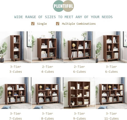 IOTXY Open Cube Low Bookcase - 3-Tier Freestanding Storage Display Cabinet Organizer with Legs for Home Office, 11-Cubes Open Shelf Short Bookshelf, Walnut