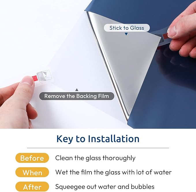 rabbitgoo Window Privacy Film One Way Window Tint for Home, Removable Reflective Heat Sun Blocking Anti UV Glass Door Covering, Mirror Tinting Film House Office, 23.6 in X 13.1 Feet, Blue Silver