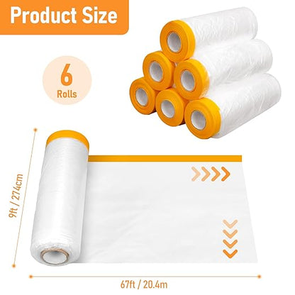 uyoyous 6 Rolls 9x67 ft Painters Plastic with Tape, Pre-Taped Masking Film, Tape and Drape, Paint Adhesive Protective Film Roll for Automotive Painting Covering, Cars, Auto Body, DIY Projects
