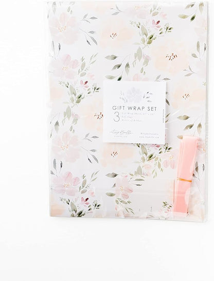 Itsy Belle Studio Floral Wedding Wrapping Paper sheets + Ribbon Set with Tags - White Gift Wrap, Pink Floral, Boho Bridal Shower