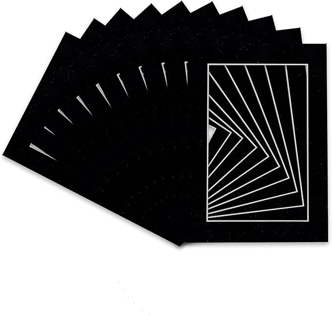Pack of 25 Acid Free 8x10 Mats Bevel Cut for 5.5x8.5 Photos - Black Suede Precut Matboards With Backing Boards and Clear Photo Mat Bags For Pictures, Photos, Framing - 4-ply Thickness