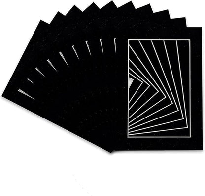 Pack of 25 Acid Free 8x10 Mats Bevel Cut for 5.5x8.5 Photos - Black Suede Precut Matboards With Backing Boards and Clear Photo Mat Bags For Pictures, Photos, Framing - 4-ply Thickness