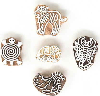 Handcarved Wooden Stamps for Block Printing - Stamps for Mehndi, Saree Border, Scrapbooking, Fabric Textile Paper, Kids, Art Work | Set of 5 | Hashcart®