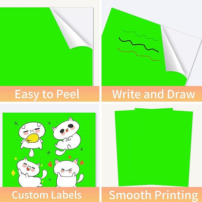 Neon Green Sticker Paper Labels for Laser & Inkjet Printer, Fluorescent Green Printable Sticker Paper- Matte, Letter Size 8.5" x 11"