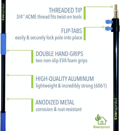 EVERSPROUT 6.5-to-18 Foot Telescopic Extension Pole (25 Ft Reach) | Lightweight Sturdy Aluminum | Easy Flip-Tab Lock Mechanism | Twist-On Metal Tip works for Squeegee, Duster, Paint Roller (pole only)