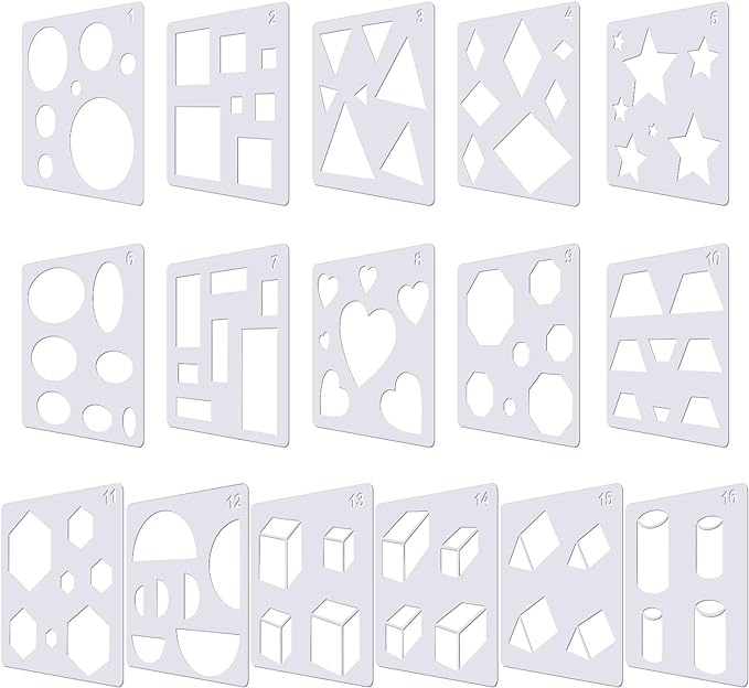 Outus 16 Pieces Kids Drawing Stencils Basic Shape Plastic Drawing Stencil Template Geometry Shape Reusable DIY Painting for Kids Girls Boys Gifts Home Classroom Crafts