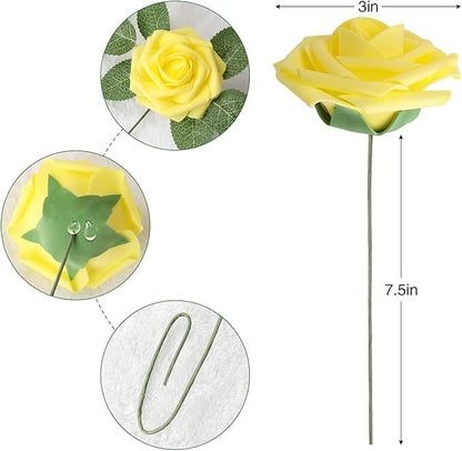 AmyHomie Artificial Flower Yellow Rose 25pcs Real Looking Fake Roses w/Stem for DIY Wedding Bouquets Centerpieces Arrangements Party Baby Shower Home Decorations