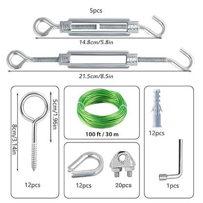 100 Ft Turnbuckles for Cables Wire, 3/16" Green PVC Coated Wire Rope Kit, Multi-use Steel Cable for Grape Vines/Clothes Line Outdoors for T Post/String Light Hanging/Garden Wire