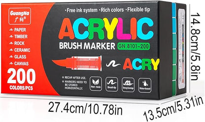 Acrylic Paint Markers Pens, 200 Vivid Colors Acrylic Markers Set,Direct Liquid Type, Stackable Color, Odorless Soft Head，Markers for School，Tooli Art ，Fabric & Creative Crafts (200)