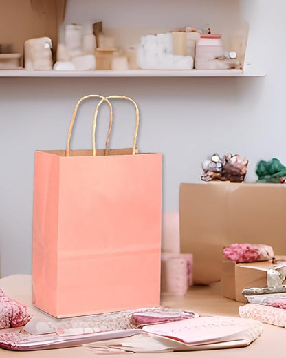 qiqee 32-Packs Bright Pink Paper Gift Bags with Handles Bulk 7.6"x4.75"x10.5" Medium Size Gift Bags Multiple Uses