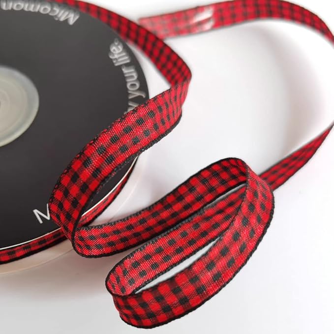 Red and Black Gingham Plaid Checked Ribbon 25 Yards Each Roll 100% Polyester (3/8",BlackRed)