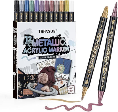 TRANSON 12Colors Metallic Paint Markers Bold and Brush Dual-tip for Rock Wood Ceramic Canvas DIY Painting Drawing