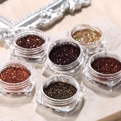 6 Colors Holographic Nail Art Glitter, Ultra Fine Metallic Shining Glitter Dust, Retro Champagne Golden Reflective Sugar Dipping Pigment for DIY Gel Polish Nail Art Decoration, Resin Craft