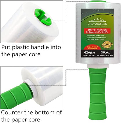 2-Pack Industrial Mini Clear Stretch Wrap Film 80 Gauge 5.1" 1000ft for Pallet Wrap with Plastic Handle,Durable Self-Adhering Packing,Moving,Packaging,Heavy Duty Shrink Film Chuangseed