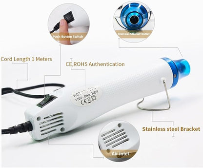 mofa Temp Regulation Heat gun,6.6ft Cable 300W Hot Air Gun for Crafting,Acrylic Paint Dryer Multi-Purpose Electric Heating Nozzle(White,Blue)