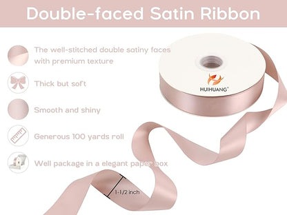 HUIHUANG Satin Ribbon 1-1/2 inch x 100 Yards Dusty Rose Double-Faced Satin Ribbon Dusty Pink Ribbons for Flower Bouquet, Gift Wrapping, Eternal Roses, DIY Crafts, Bridal Shower Wedding Decor