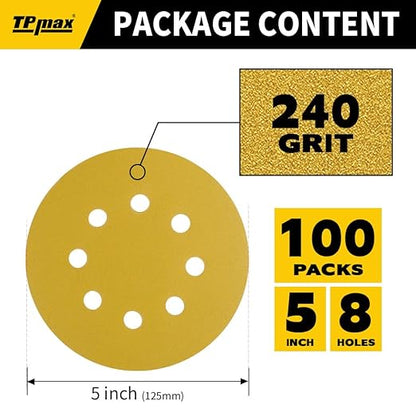 100PCS 5 Inch 240 Grit 125mm 8 Hole Sanding Discs Sandpaper - Premium Gold Round Hook and Loop for Random Orbital Sander - Ideal for Wood, Metal, Automotive