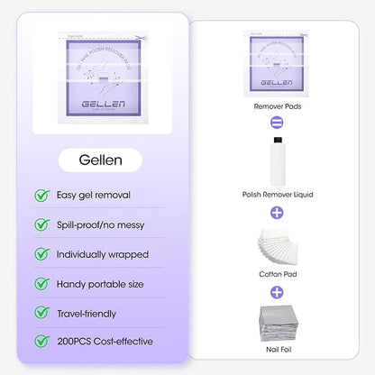 Gellen 200 Pack Nail Polish Remover Pads, 100% Non-Acetone, Travel Individually Wrapped Remover Pads for Regular Nail Polishes & Gel Polish, Lavender Oil No Drying Out for Home Salon