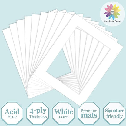 MBC Mat Board Center, 10 Pack 8x10 for 6x8 White Picture Mats Frame Mattes, Bevel Cut, Acid Free, 4-ply Thickness