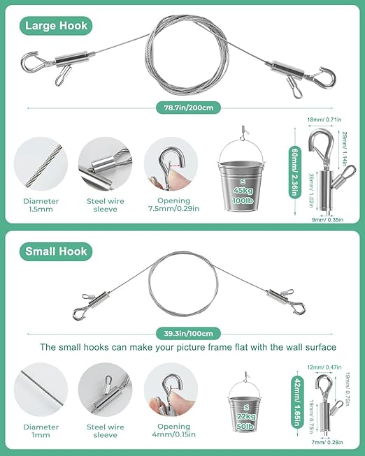 2PCS Adjustable Picture Hanging Wire 1m x 1.5mm Large Hooks, Picture Frame Wire Kit Heavy Duty 100lbs, Stainless Steel for Art, Mirror, Light Lamp, Billboards, Basket Flowerpot
