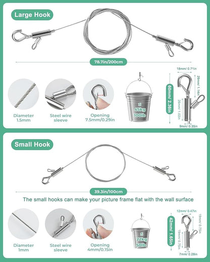 2PCS Adjustable Picture Hanging Wire 3m x 1.5mm Large Hooks, Picture Frame Wire Kit Heavy Duty 100lbs, Stainless Steel for Art, Mirror, Light Lamp, Billboards, Basket Flowerpot