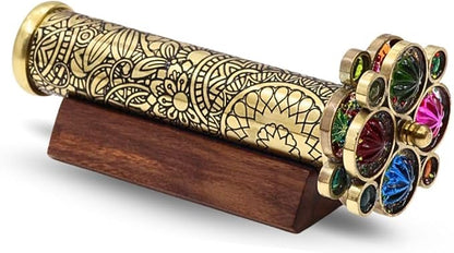 RII Handcrafted Etched Floral Pattern Lacquered Brass Kaleidoscope Includes Two Separate Turning Wheels-Unique Gift Ideas for Someone Special. (7"x1.25")