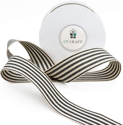 CT CRAFT LLC Ivory Cotton Black Stripes Ribbon 1" x 10 Yards for Home Décor Gift Present Wrapping DIY Crafts Birthday Wedding Bouquet Christmas