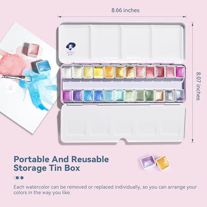 Paul Rubens Artist Watercolor Paints-Metallic Glitter Solid Colors-Pink Portable Metal Case with Palette-24 Color Set Sparkle Watercolor