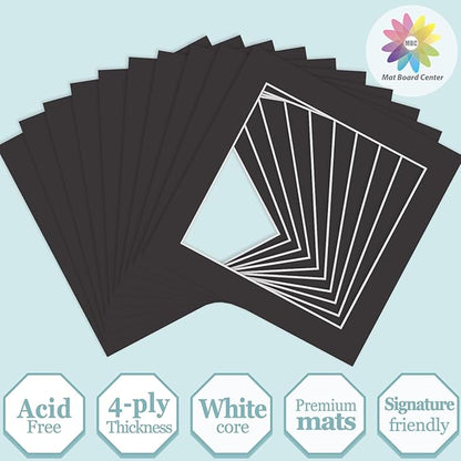 MBC Mat Board Center, 10 Pack 10x10 for 8x8 Black Picture Mats Frame Mattes, Bevel Cut, Acid Free, 4-ply Thickness