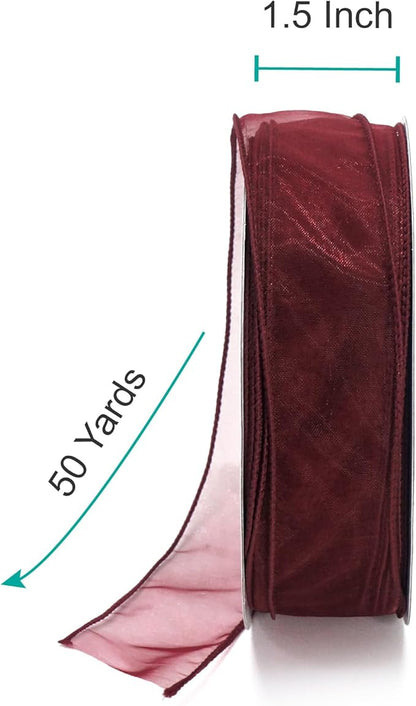 CT CRAFT LLC Sheer Organza Wired Ribbon 1.5" x 50Yards Burgundy for Wedding Chair Bow Flora Bouquet Gift Wrapping Christmas Tree Home Decor Wreath