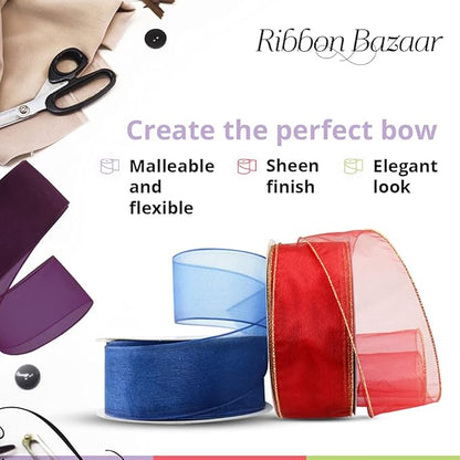 Ribbon Bazaar Sheer Organza Wired Ribbon - 100% Polyester Wire Edged Ribbon for Floral Decor, Table Arrangements, Apparel Embellishment & More - 1-1/2" Shocking Pink 25yd
