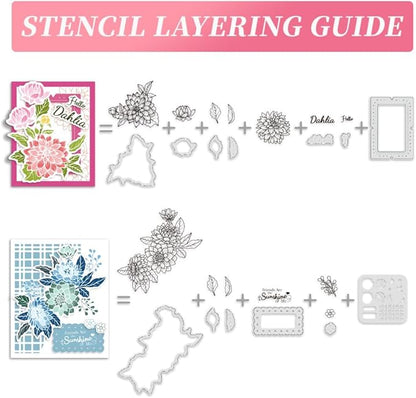 ORIGACH Realistic Dahlia Layering Stencils Set for Card Making, Dahlia Silicone Stamps and Die Sets and Flower Stencil Template for Scrapbooking DIY Crafting