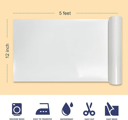 White Glitter HTV Heat Transfer Vinyl, 12" x 5ft lron on Vinyl, for T-Shirt Ironing, Vinyl HTV Easy to Cut and Weed, The Best Choice for DIY Creativity. (White, 12" x5ft)