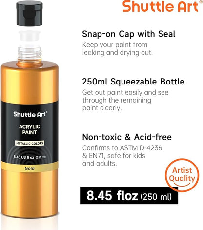 Shuttle Art 8 Colors Metallic Acrylic Paint, 250ml/8.45oz Bottles Acrylic Paint Set, Rich Metallic Shade, Bulk Painting Supplies for Artists, Beginners and Kids Painting on Rocks Crafts Canvas Wood