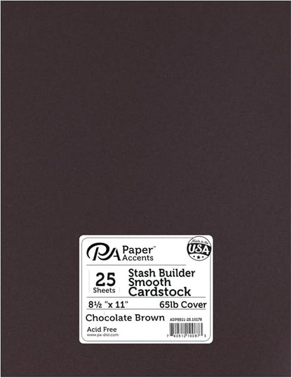 PA Paper Accents Stash Builder Cardstock 8.5" x 11" Chocolate Brown, 65lb colored cardstock paper for card making, scrapbooking, printing, quilling and crafts, 25 piece pack