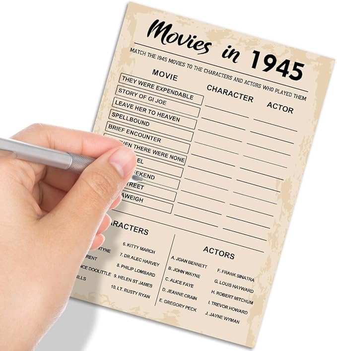 80th Birthday Party Games, Movies of 1945 Games, Birthday Party Supplies for Adults, Fun 1945s Party Game，Pack of 30 Cards