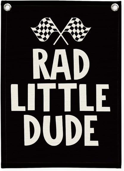 Race Car Room Decor, Rad Little Dude Linen Canvas Banner for Boy Room Decor, Playroom Toddler Boys Bedroom Kidsroom Decor 18x25 Inch