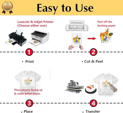 TransOurDream Tru-Heat Transfer Paper for Inkjet & Laserjet Printer (30 Sheets 8.5x11, 3.0) Printable HTV Heat Transfer Vinyl for T Shirts Iron on Transfers for Light Fabrics (L3-33)