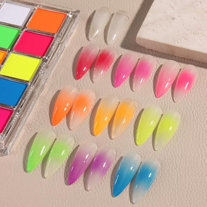 Neon Phosphor Nail Powder Set - 10 Colors, Fluorescent Glitter Gradient, Iridescent Rubbing Dust, Ombre Brush for DIY Nail Art