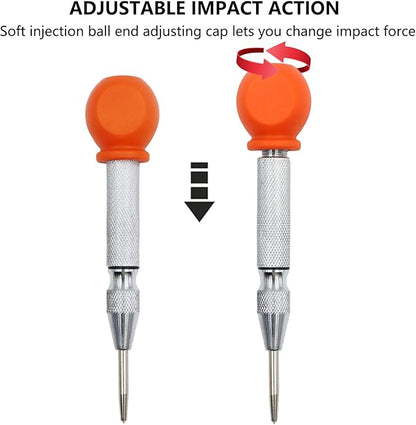 2-Pieces Automatic Center Punch, 5 Inch Adjustable Impact Hole Punch Metal Punch, Spring Loaded Center Punch Tool with Palm Cushion Cap for Wood Metal Leather