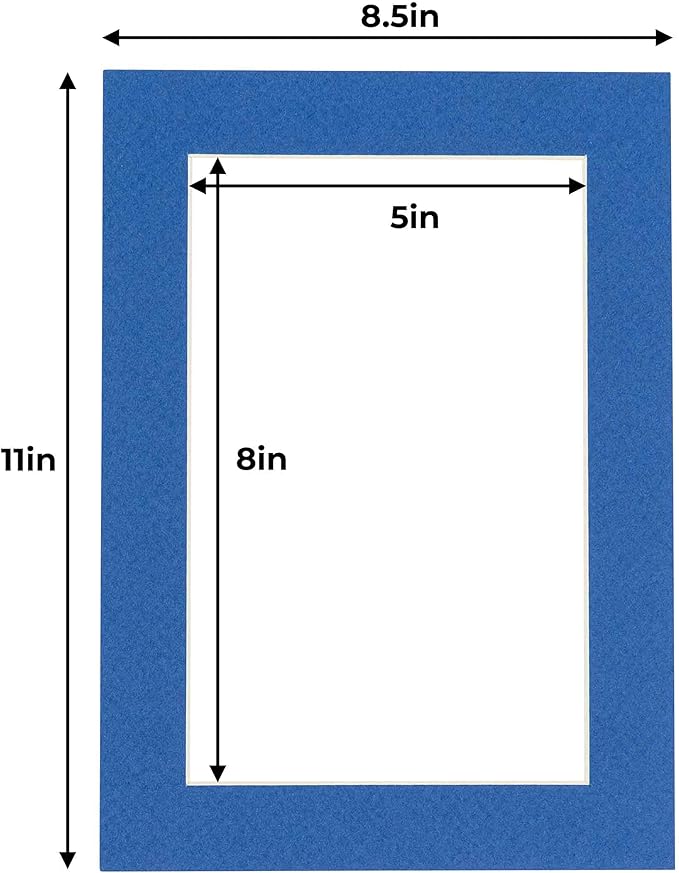5.5x8.5 Mat for 8.5x11 Frame - Precut Mat Board Acid-Free Royal Blue 5.5x8.5 Photo Matte For a 8.5x11 Picture Frame, Matboard for Family Photos, Show Kits, Art, Picture Framing, Pack of 10 Mats