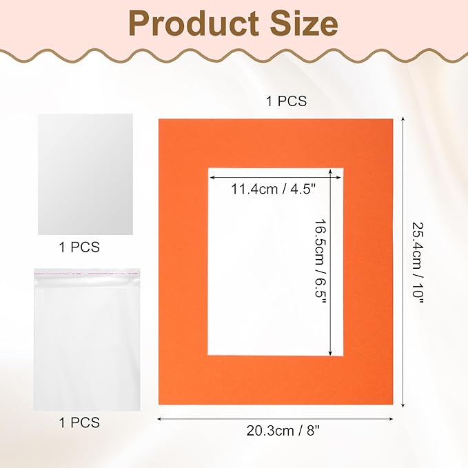 uxcell Picture Mats, 8 x 10 Mat Board Center for 5 x 7 Pictures Acid Free White Core Bevel Cut Frame Mattes with Backing for Display Art Measuring, Orange