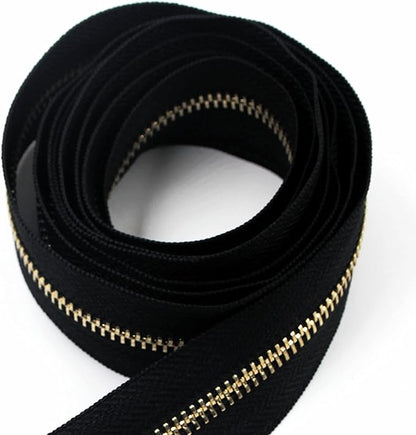 Leekayer #5 Metal Zippers Roll Bulk 2 Yards Black Zipper by The Yards with 10 pcs Sliders Light Gold Teeth Zipper for Sewing Bag Craft Backpack, Wallets, Purses Handmade