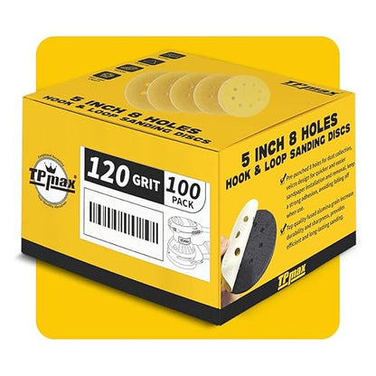 100PCS 5 Inch 120 Grit 125mm 8 Hole Sanding Discs Sandpaper - Premium Gold Round Hook and Loop for Random Orbital Sander - Ideal for Wood, Metal, Automotive