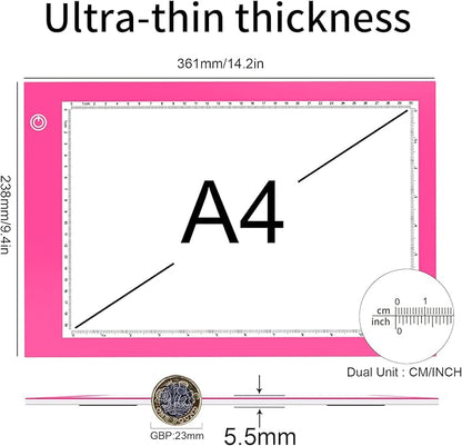 Light Box Drawing Pad, Tracing Board with Type-C Charge Cable and Brightness Adjustable for Artists, AnimationDrawing, Sketching, Animation, X-ray Viewing (A4-P-Pink-New)