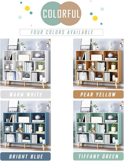 IOTXY Wooden Open Shelf Bookcase - 3-Tier Floor Standing Display Cabinet Rack with Legs, 10 Cubes Bookshelf, Tiffany-Green