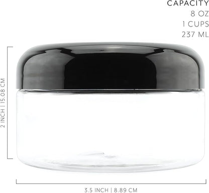 Cornucopia Brands 8oz Clear Plastic Jars w/Black Plastic Lids (6-Pack); BPA Free PET Stackable Containers for Bathroom & Kitchen Storage & Cosmetics